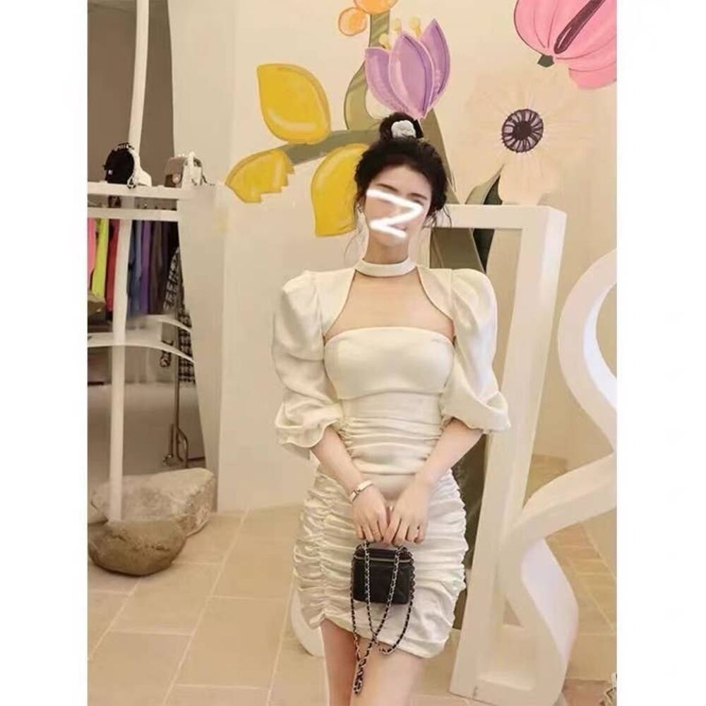 Women's Puff Sleeve White Mini Dress Set (S)